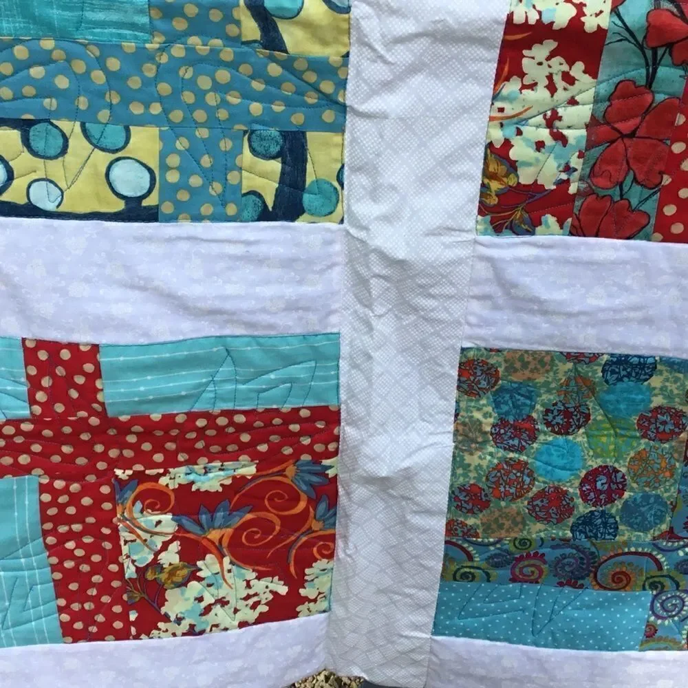 NWT Handcrafted Turquoise, Red, Yellow Quilt